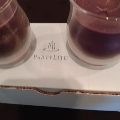 GENUINE BUTTERFLIES DISPLAYED IN A CURVED GLASS AND METAL RIMMED FRAME PLUS PARTYLITE CANDLES