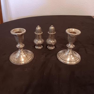 TOWLE WEIGHTED STERLING SILVER CANDLE HOLDERS PLUS ETCHED SILVER PLATED SHAKERS