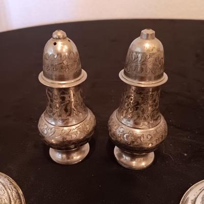 TOWLE WEIGHTED STERLING SILVER CANDLE HOLDERS PLUS ETCHED SILVER PLATED SHAKERS
