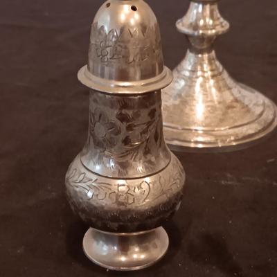 TOWLE WEIGHTED STERLING SILVER CANDLE HOLDERS PLUS ETCHED SILVER PLATED SHAKERS