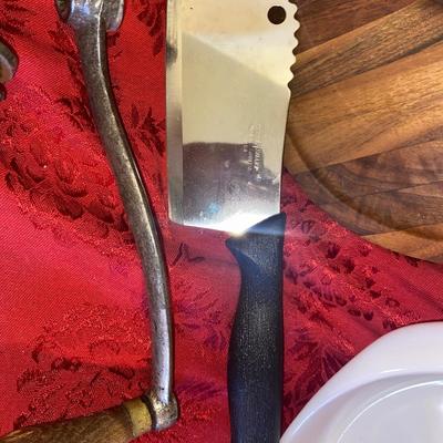 MEAT GRINDER, CHEESE SERVING CUTTING BOARD, OVEN SAFE CASSEROLE DISH, & z MEAT CLEAVER