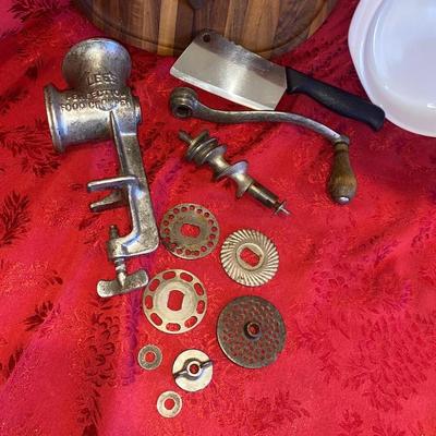 MEAT GRINDER, CHEESE SERVING CUTTING BOARD, OVEN SAFE CASSEROLE DISH, & z MEAT CLEAVER