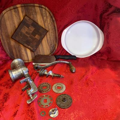 MEAT GRINDER, CHEESE SERVING CUTTING BOARD, OVEN SAFE CASSEROLE DISH, & z MEAT CLEAVER