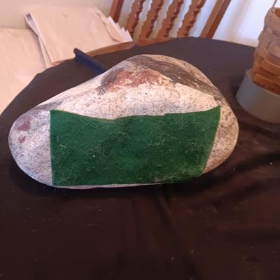 CAT HAND PAINTED ON A ROCK, METAL CAT CROSSING SIGN AND A LONGABERGER BASKET