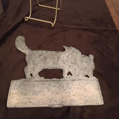 CAT HAND PAINTED ON A ROCK, METAL CAT CROSSING SIGN AND A LONGABERGER BASKET