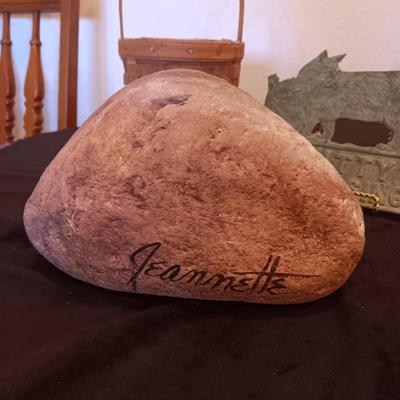 CAT HAND PAINTED ON A ROCK, METAL CAT CROSSING SIGN AND A LONGABERGER BASKET