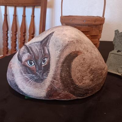 CAT HAND PAINTED ON A ROCK, METAL CAT CROSSING SIGN AND A LONGABERGER BASKET