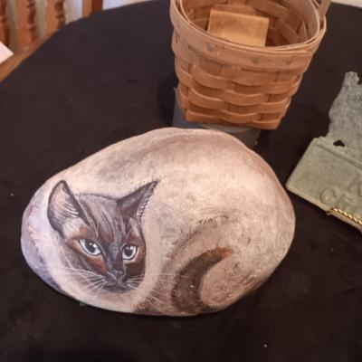 CAT HAND PAINTED ON A ROCK, METAL CAT CROSSING SIGN AND A LONGABERGER BASKET