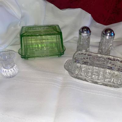 VTG BUTTER DISHES, SALT AND PEPPER SHAKERS AND TOOTHPICK HOLDER