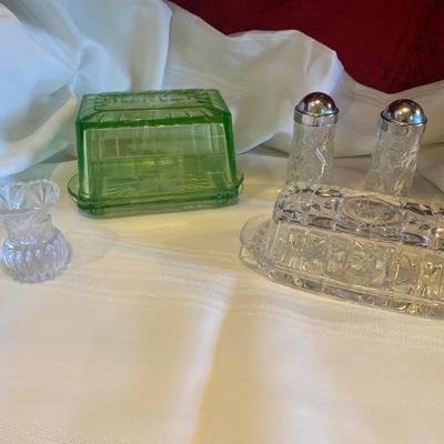VTG BUTTER DISHES, SALT AND PEPPER SHAKERS AND TOOTHPICK HOLDER