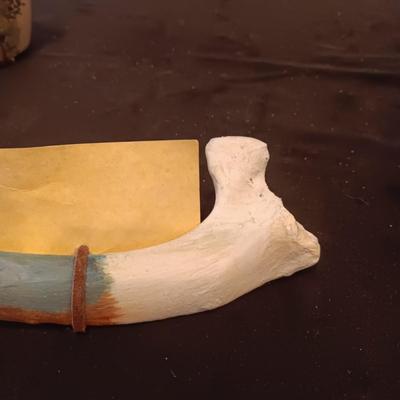 HAND PAINTED CLAY JUG AND WYOMING BACK SCRATCHER MADE FROM AN ANIMAL BONE