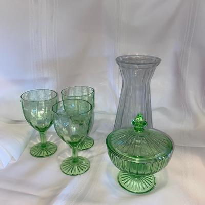 VTG GREEN GLASS AND VASE