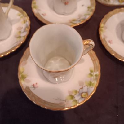 DAINTY HAND PAINTED NIPPON TEAPOT W/CUPS AND SAUCERS PLUS GLASS CANDLESTICKS