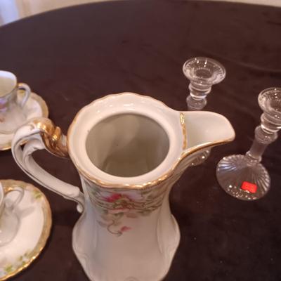 DAINTY HAND PAINTED NIPPON TEAPOT W/CUPS AND SAUCERS PLUS GLASS CANDLESTICKS