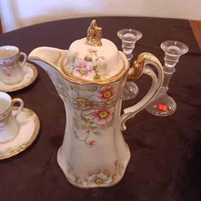 DAINTY HAND PAINTED NIPPON TEAPOT W/CUPS AND SAUCERS PLUS GLASS CANDLESTICKS