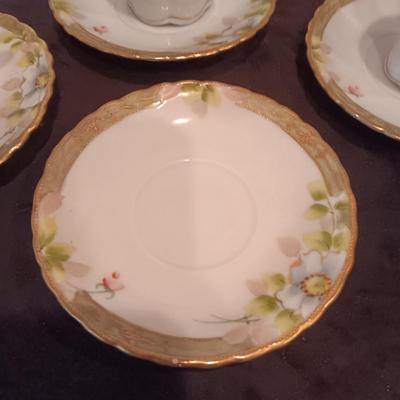 DAINTY HAND PAINTED NIPPON TEAPOT W/CUPS AND SAUCERS PLUS GLASS CANDLESTICKS