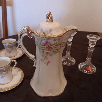 DAINTY HAND PAINTED NIPPON TEAPOT W/CUPS AND SAUCERS PLUS GLASS CANDLESTICKS