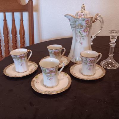 DAINTY HAND PAINTED NIPPON TEAPOT W/CUPS AND SAUCERS PLUS GLASS CANDLESTICKS