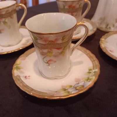 DAINTY HAND PAINTED NIPPON TEAPOT W/CUPS AND SAUCERS PLUS GLASS CANDLESTICKS