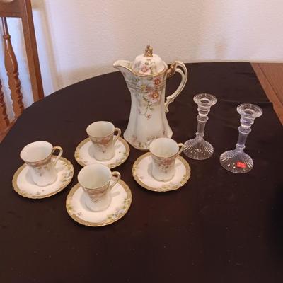 DAINTY HAND PAINTED NIPPON TEAPOT W/CUPS AND SAUCERS PLUS GLASS CANDLESTICKS