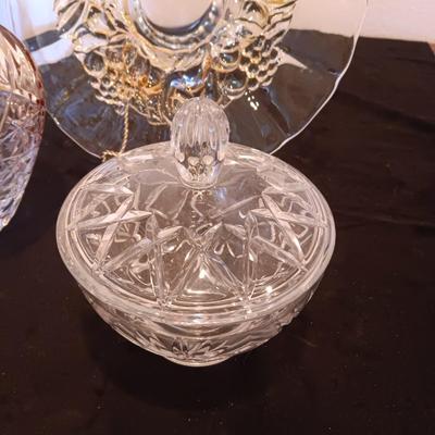 JULIA HAND CUT, MOUTH BLOWN CRYSTAL VASE, CRYSTAL BOWL W/LID AND A PLATTER ON A PEDESTAL