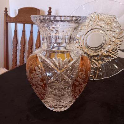 JULIA HAND CUT, MOUTH BLOWN CRYSTAL VASE, CRYSTAL BOWL W/LID AND A PLATTER ON A PEDESTAL
