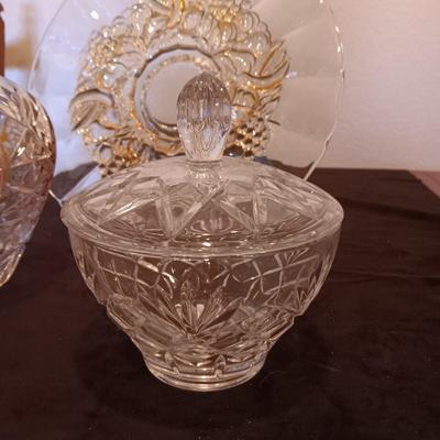 JULIA HAND CUT, MOUTH BLOWN CRYSTAL VASE, CRYSTAL BOWL W/LID AND A PLATTER ON A PEDESTAL