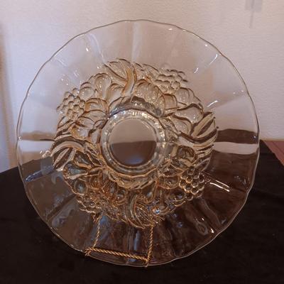 JULIA HAND CUT, MOUTH BLOWN CRYSTAL VASE, CRYSTAL BOWL W/LID AND A PLATTER ON A PEDESTAL