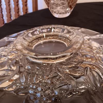 JULIA HAND CUT, MOUTH BLOWN CRYSTAL VASE, CRYSTAL BOWL W/LID AND A PLATTER ON A PEDESTAL