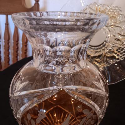 JULIA HAND CUT, MOUTH BLOWN CRYSTAL VASE, CRYSTAL BOWL W/LID AND A PLATTER ON A PEDESTAL