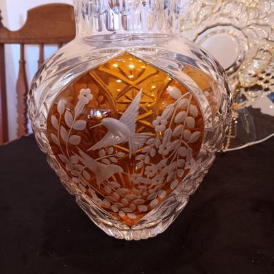 JULIA HAND CUT, MOUTH BLOWN CRYSTAL VASE, CRYSTAL BOWL W/LID AND A PLATTER ON A PEDESTAL