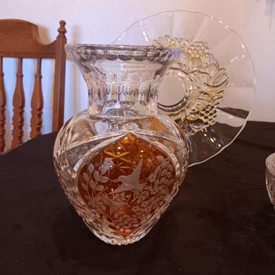 JULIA HAND CUT, MOUTH BLOWN CRYSTAL VASE, CRYSTAL BOWL W/LID AND A PLATTER ON A PEDESTAL