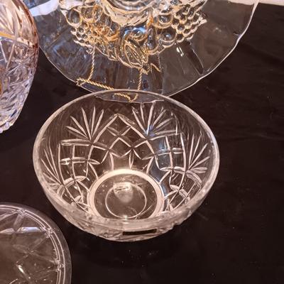 JULIA HAND CUT, MOUTH BLOWN CRYSTAL VASE, CRYSTAL BOWL W/LID AND A PLATTER ON A PEDESTAL