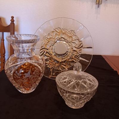 JULIA HAND CUT, MOUTH BLOWN CRYSTAL VASE, CRYSTAL BOWL W/LID AND A PLATTER ON A PEDESTAL