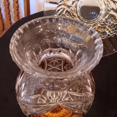 JULIA HAND CUT, MOUTH BLOWN CRYSTAL VASE, CRYSTAL BOWL W/LID AND A PLATTER ON A PEDESTAL