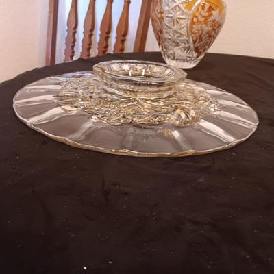 JULIA HAND CUT, MOUTH BLOWN CRYSTAL VASE, CRYSTAL BOWL W/LID AND A PLATTER ON A PEDESTAL