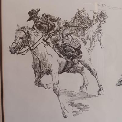"LEAD AWAY!" SKETCH BY DEAN L PURVES IN A BARNWOOD FRAME, SIGNED AND NUMBERED