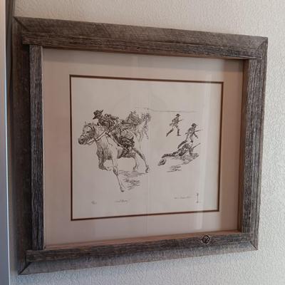 "LEAD AWAY!" SKETCH BY DEAN L PURVES IN A BARNWOOD FRAME, SIGNED AND NUMBERED