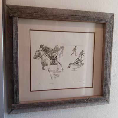 "LEAD AWAY!" SKETCH BY DEAN L PURVES IN A BARNWOOD FRAME, SIGNED AND NUMBERED