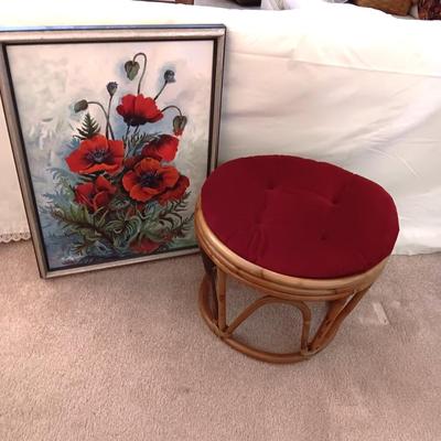 BAMBOO OTTOMAN AND SIGNED OIL ON CANVAS TITLED "POPPYS" BY DOROTHY KEVIS
