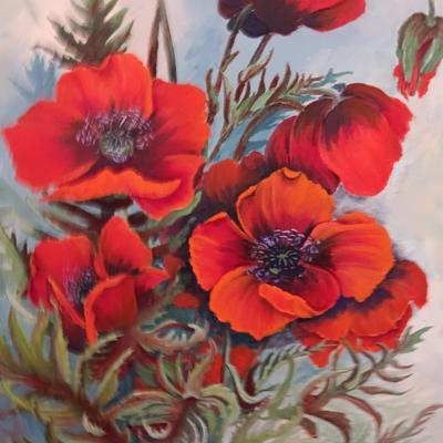 BAMBOO OTTOMAN AND SIGNED OIL ON CANVAS TITLED "POPPYS" BY DOROTHY KEVIS