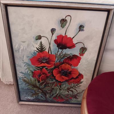 BAMBOO OTTOMAN AND SIGNED OIL ON CANVAS TITLED "POPPYS" BY DOROTHY KEVIS