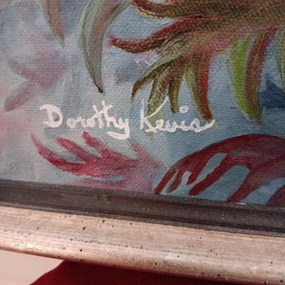 BAMBOO OTTOMAN AND SIGNED OIL ON CANVAS TITLED "POPPYS" BY DOROTHY KEVIS