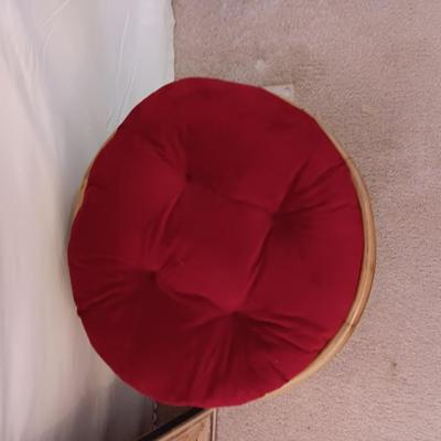 BAMBOO OTTOMAN AND SIGNED OIL ON CANVAS TITLED "POPPYS" BY DOROTHY KEVIS