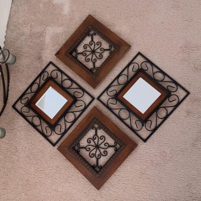 ROUND IRON WALL HUNG VOTIVE CANDLE HOLDER & 4 IRON, WOOD AND MIRRORED WALL DECOR