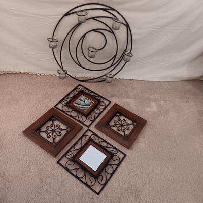 ROUND IRON WALL HUNG VOTIVE CANDLE HOLDER & 4 IRON, WOOD AND MIRRORED WALL DECOR