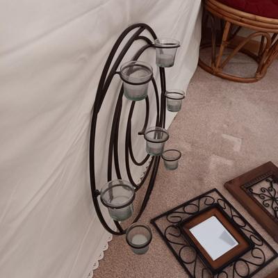 ROUND IRON WALL HUNG VOTIVE CANDLE HOLDER & 4 IRON, WOOD AND MIRRORED WALL DECOR