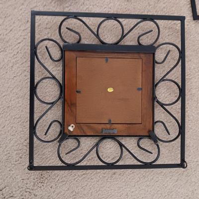 ROUND IRON WALL HUNG VOTIVE CANDLE HOLDER & 4 IRON, WOOD AND MIRRORED WALL DECOR