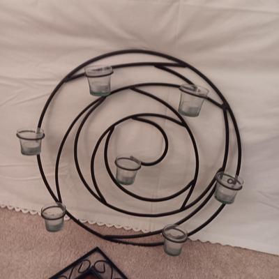 ROUND IRON WALL HUNG VOTIVE CANDLE HOLDER & 4 IRON, WOOD AND MIRRORED WALL DECOR