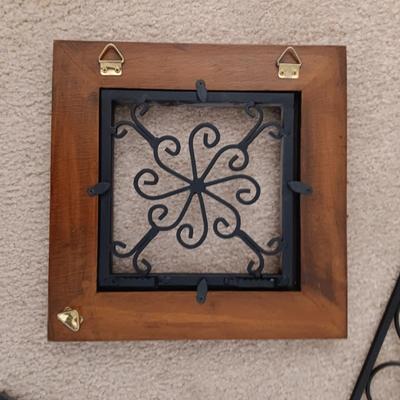 ROUND IRON WALL HUNG VOTIVE CANDLE HOLDER & 4 IRON, WOOD AND MIRRORED WALL DECOR